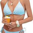 MakeMeChic Women's Two Piece Bikini Sets Floral Tie Backless Halter Tops and Triangle Ruched Swimsuit (Blue, M)