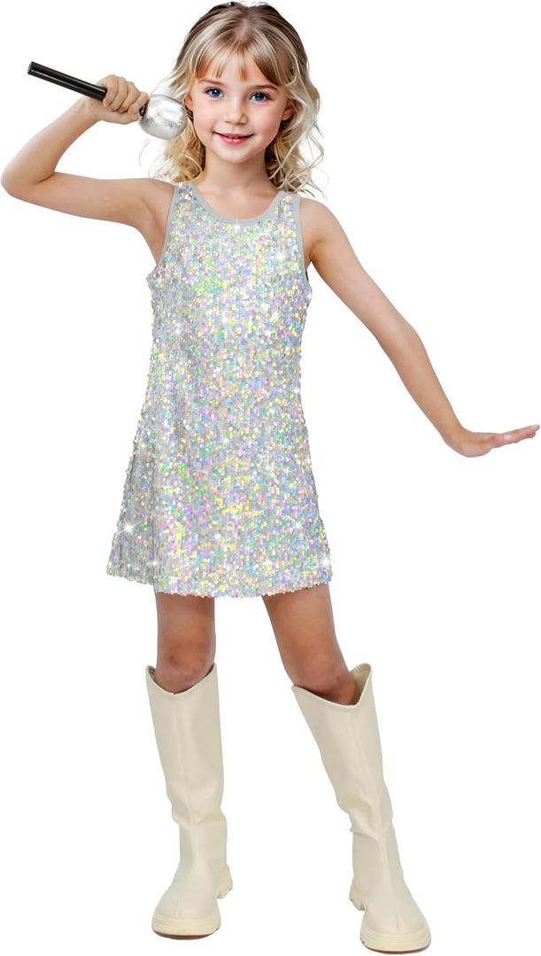 Girls Sequin Dress Sparkly Sleeveless Costume Prom Concert Party Outfit with Glitter Microphone Prop (Silver, L)