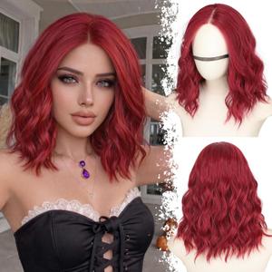 Berry Red Short Wavy Bob Glueless Synthetic Fiber Lace Front Wig for Women Pre Cut for Beginners Natural Hairline 14 Inch