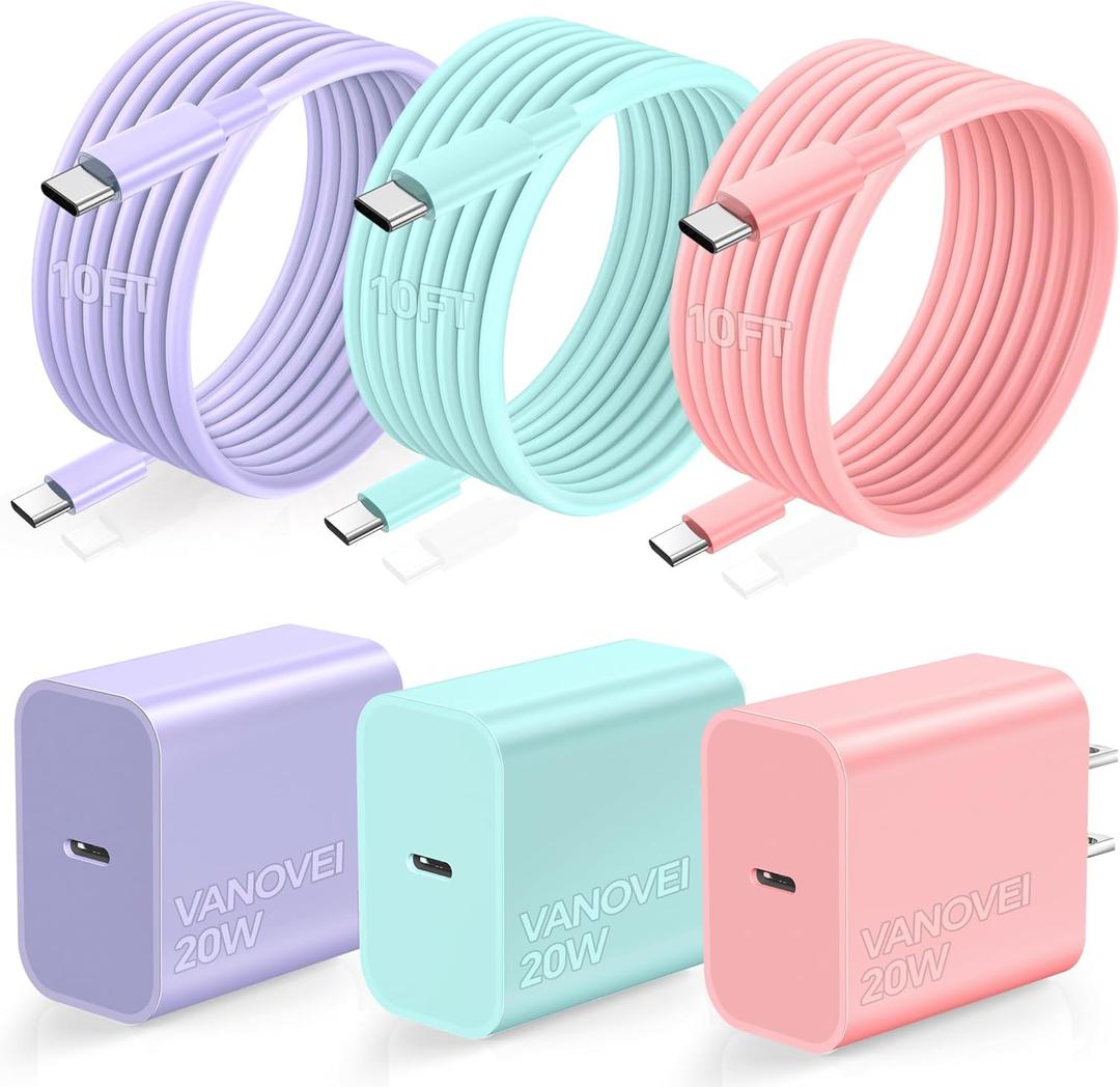 Compatible with iPhone 16 15 Charger Fast Charging,Type C Fast Charger,3Pack 20W USB C Charger Block with 10FT USB C Cable Compatible with iPhone 17/16 Pro/Plus/15/15 Pro/Pro Max,Pad,Samsumg,Android (3pack pink+purple+green)