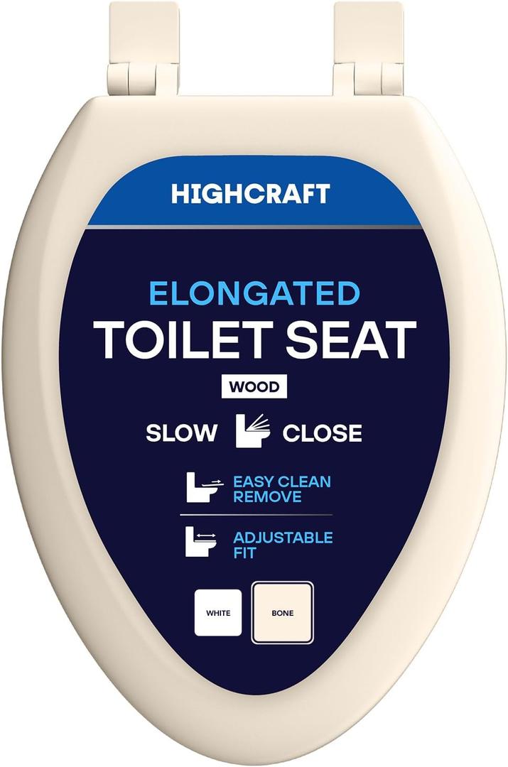 HIGHCRAFT Premium Elongated Toilet Seat with Slow-Close Design, Adjustable Hinges & Quick Removal Mechanism - Wood Toilet Seat - Fits Standard Elongated Toilets - Oval Toilet Seat in Bone/Beige