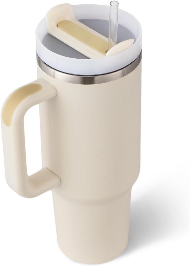 40 oz Tumbler with Handle Straw Lid Insulated Stainless Steel Vacuum Reusable Keep Drinks Cold Coffee Cup Holder Friendly Gifts for Women Men Lover Car Gym Travel, White