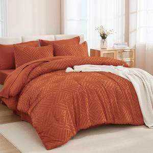 Andency Queen Comforter Set Burnt Orange - 7 Pieces Bed in a Bag Queen Boho Terracotta Bedding Comforter Sets, Rust Tufted Bed Set with Comforter, Sheets, Pillowcases & Shams (Queen (90"x90"))