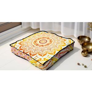 INDIAN CRAFT CASTLE 24" Yellow Ombre Mandala Barmeri Large Floor Pillow Cover Cushion Meditation Seating Ottoman Throw Cover Hippie Decorative Zipped Bohemian Pouf Ottoman Pom Pom Cases 24" Square