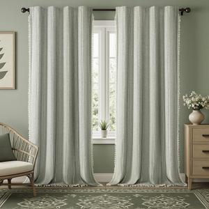 Boho Blackout Curtains 96 Inches Long Sage Green Linen Blend 2 Panels with Tassels and Cotton Embroidery, Farmhouse Vintage Rustic Rod Pocket Drapes for Living Room or Bedroom, 52"W x 96"L (Pack of 2)