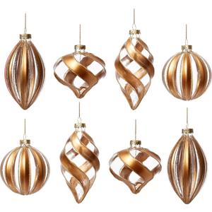 WDS WONDROUS Christmas Ball Ornaments Gold - Set of 8 Striped Glass Neutral Christmas Ornaments Set, Vintage Rustic Christmas Decor for Xmas Tree Home Party Holiday Farmhouse (Brown and Clear)