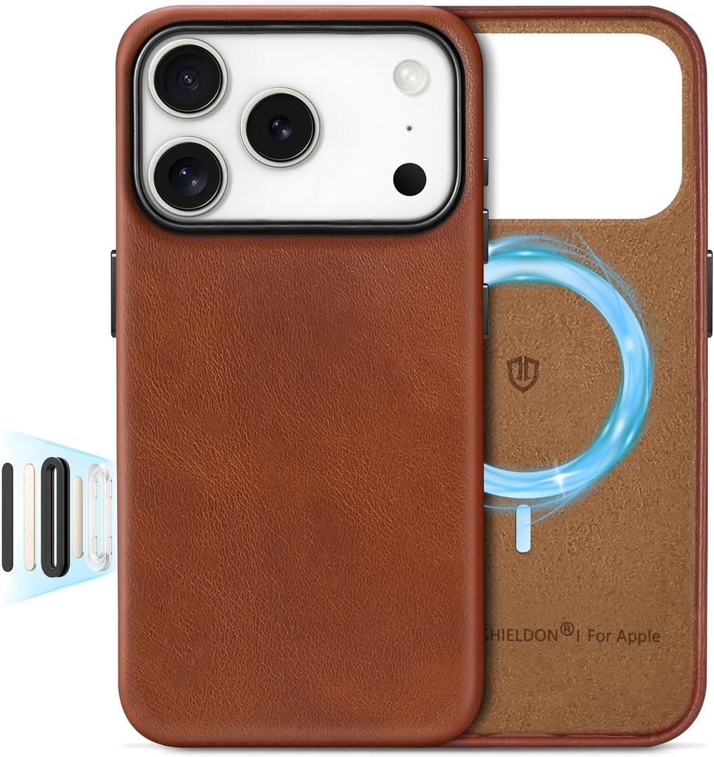 SHIELDON Genuine Leather Case for iPhone 17 Pro 6.3" 2025, [Camera Button Updated], Compatible with Magsafe, Magnetic Wireless Charging, Anti-Scratch, Shockproof Protective Cover - Retro Brown