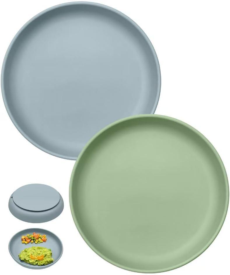 Classic Toddler Plates with Suction 2 Pcs, BPA Free Silicone Baby Suction Plates, Stick Dinner Dishes for Baby Toddler Kids, Dishwasher Safe, Stackable (Moonlit Ocean & Sage Green)
