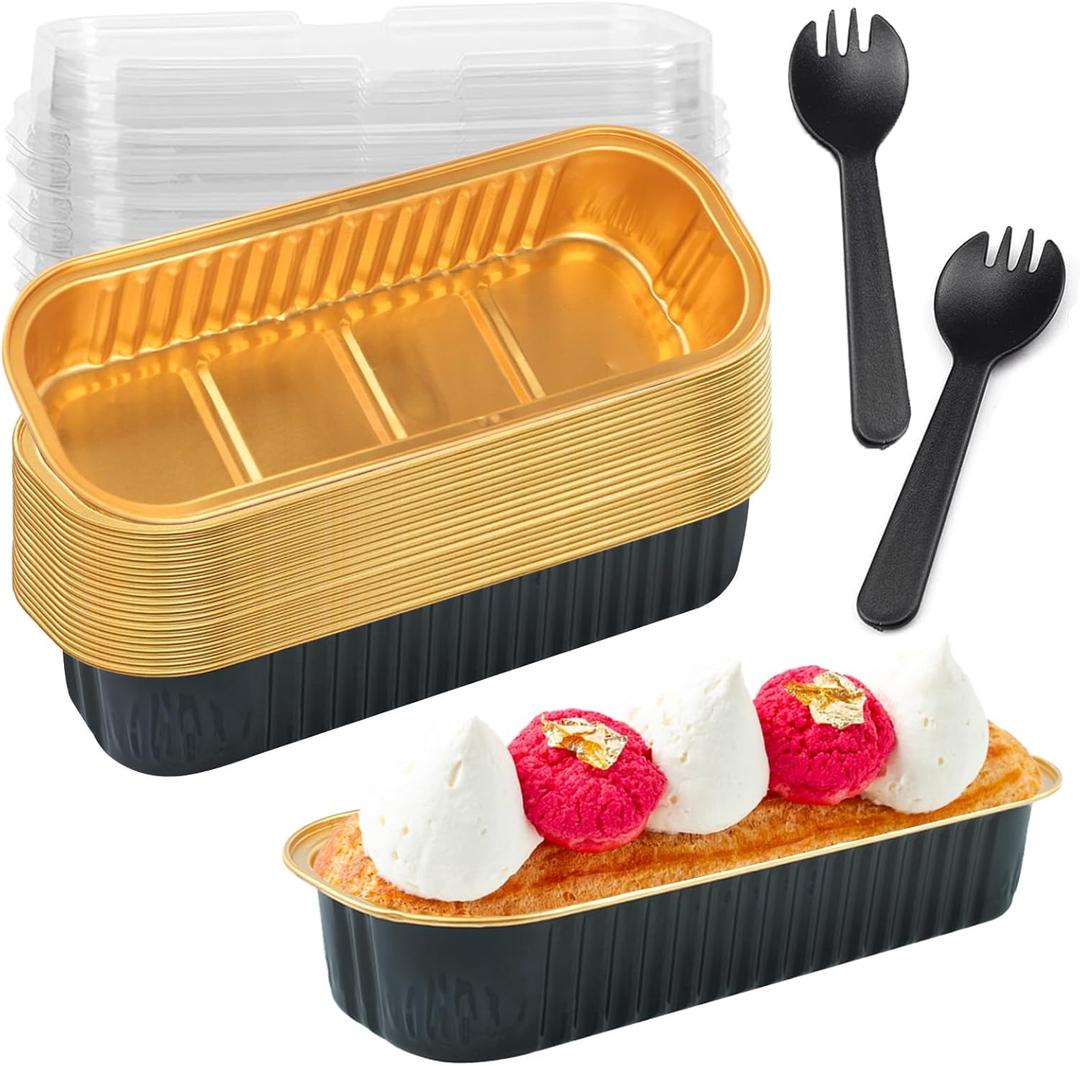 20 Pack Mini Loaf Pans with Lids and Spoons,Mini Cake Pans with Lids,Rectangle Aluminum Foil Baking Pans Tins Containers,Disposable Cupcake Baking Cups Muffin Tins for Birthday Party (Black&Gold)