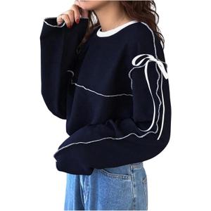Verdusa Women's Bow Tie Oversized Tees Crew Neck Long Sleeve Drop Shoulder Pullovers, Small, Dark Blue