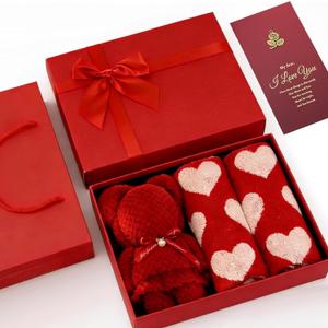Mother Wife Girlfriend Grandmother Birthday Day Gifts Red Heart Hand Towels and Bear, Gift Card and Box Set, Heart Love Hand Towels for Bath Bathroom Kitchen Dish(2 Towel+1 Bear)
