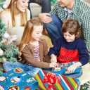 CAMKUZON Christmas Foil Wrapping Paper with Cut Lines for Kids Baby Women Men - 3 Rolls Dancing Santa, Colorful Stripe and Christmas Characters Design - Holiday Gift Wrap Bundle, 24 Inch X 12 Feet per Roll