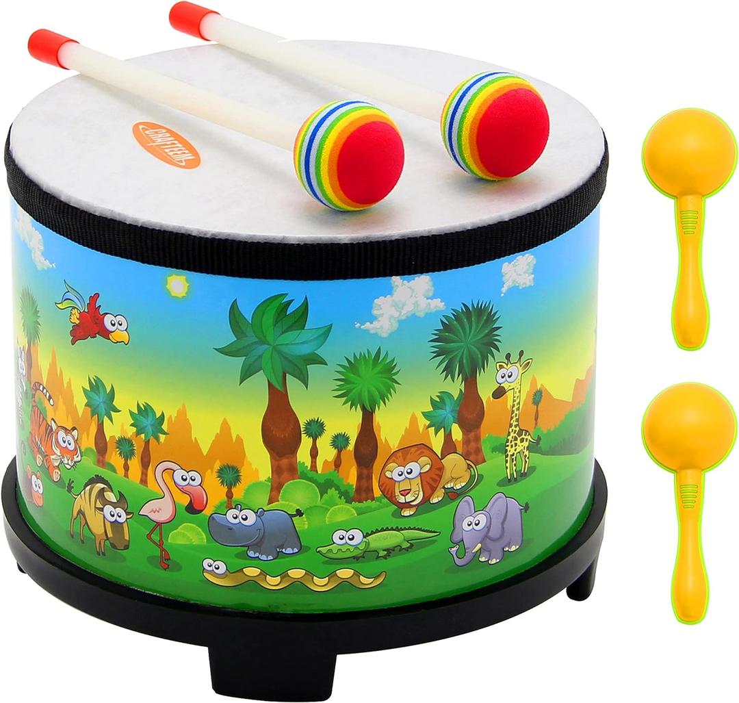 Floor Tom Drum for Kids 8-inch Percussion Instrument Music Drum with 2 Mallets and Color Maracas for Baby Children Special Christmas Birthday Toy Gift (Lovely Animal)