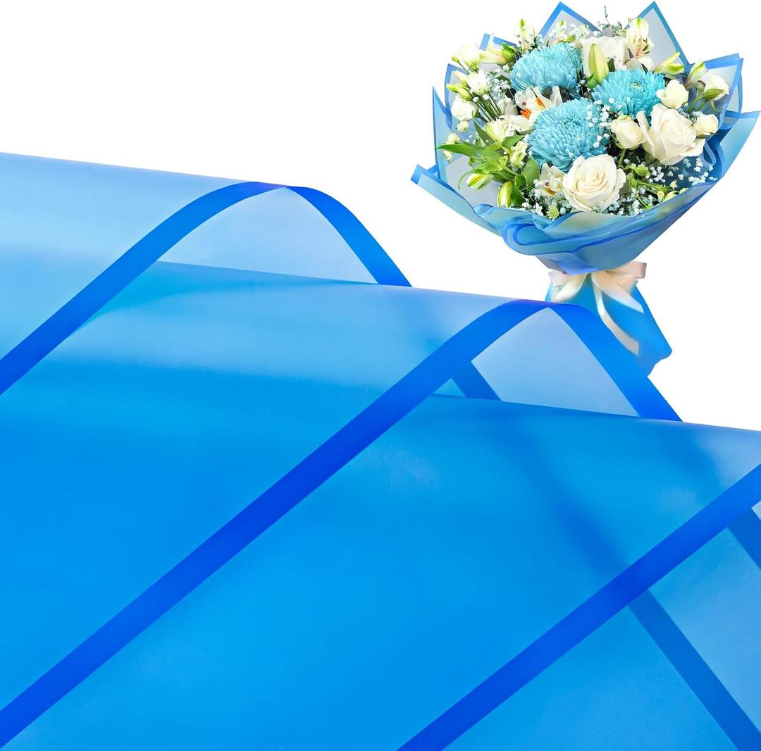 Jutieuo 20 Sheets Blue Flower Wrapping Paper, Waterproof Translucent Korean Floral Paper for Flower Bouquet Wraps Gift Packaging Florist Supplies (22.8 x 22.8 inch)