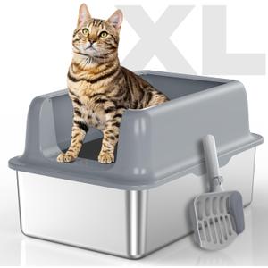 Stainless Steel Cat Litter Box: Voluas XL Large Metal Litter Box High Sided, Never Absorbs Odors, Anti-Urine Leakage, Easy Cleaning (Grey)