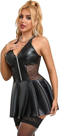 Women's Plus Size PU Leather Summer Mini Dress Deep V Zipper A-line Bodycon Babydoll Lingerie (with Gift Box)
(L)