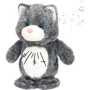 Hopearl Talking Singing Cat Repeats What You Say Kitty Walking Kitten Electric Interactive Animated Toy Speaking Plush Buddy Gifts for Toddlers, Gray, 9''