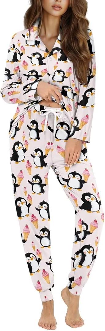 Women's Pajama Sets Long Pants, Casual Long Sleeve Button Up Loungewear, Comfy Sleepwear Sets with Pocket, XL