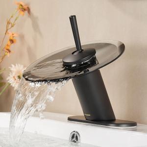 Waterfall Bathroom Sink Faucet Solid Brass Modern Circle Glass Waterfall Faucet for Basin Vanity Single Hole Pedestal Sink Faucets One Handle Corner Sink Bathroom Faucet, Short, Black