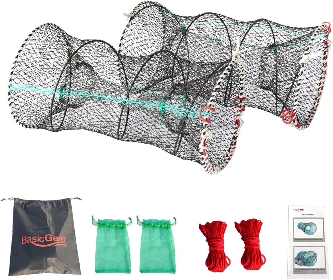 BasicGear Crab Spring Trap 2 pcs - Bait Trap for Lobster, Crawfish, Shrimp, Portable Folding Collapsible Fishing Traps Nets Fishing Accessories