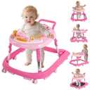 Foldable Baby Walker with Wheels  9 Adjustable Heights, Reinforced Frame, Activity Center with Music & Lights, Removable Tray, Two Rear Wheel Modes (Swivel or Forward-Only) for Babies 6-18 Months (Rose pink)