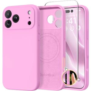 GolbinBox Magnetic for iPhone 17 Pro Max Case, Compatible with MagSafe, [Full Camera Protection] [Screen Protector], Silicone Shockproof Phone Cover with Anti-Scratch Microfiber Lining, Rose Pink