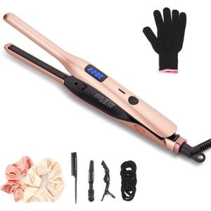 3/10 Inch Pencil Flat Iron, Small Flat Irons for Short Hair, Beard and Pixie Cut, Mini Hair Straightener Small Ceramic with Adjustable Temperature, Include Glove (Rose Gold)