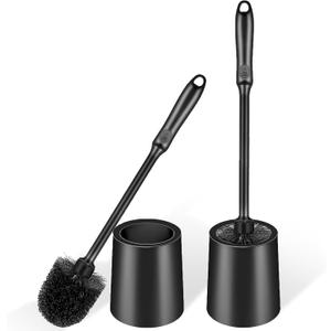 Toilet Brush and Holder 2 Pack with Long Handle - Non-Slip Grip Toilet Bowl Brush Set for Deep Cleaning Bathroom, Toilet Scrubber- Black
