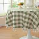 Laolitou Green Checkered Spring 60" Round Tablecloth (Fits 30-48" Table) Washable Buffalo Plaid Table Cloth with Tassel Cotton Linen Gingham Table Cover for Home Decor, Green, Round
