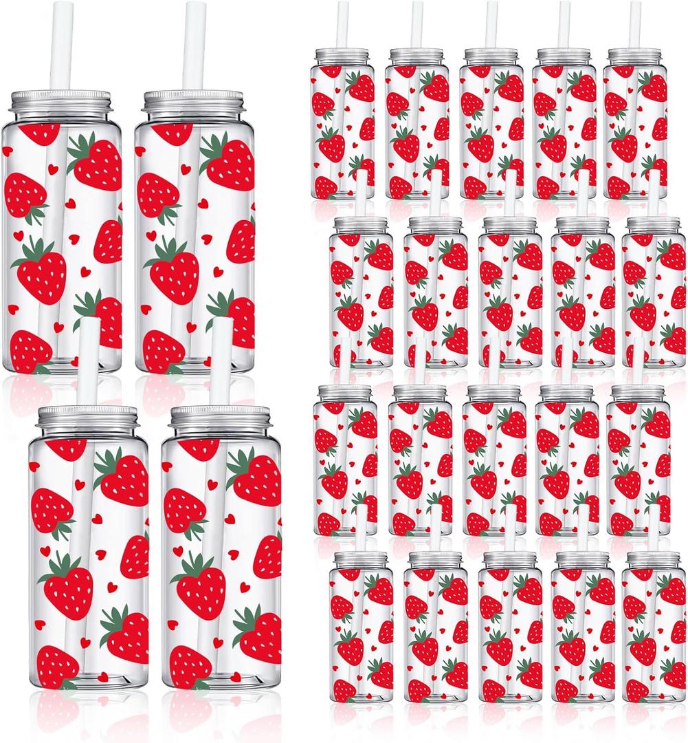 Whaline 20Pcs Strawberry Plastic Cups with Lids and Straws Clear Reusable Party Drinking Cups for Summer Wedding Baby Shower Birthday Party Supplies