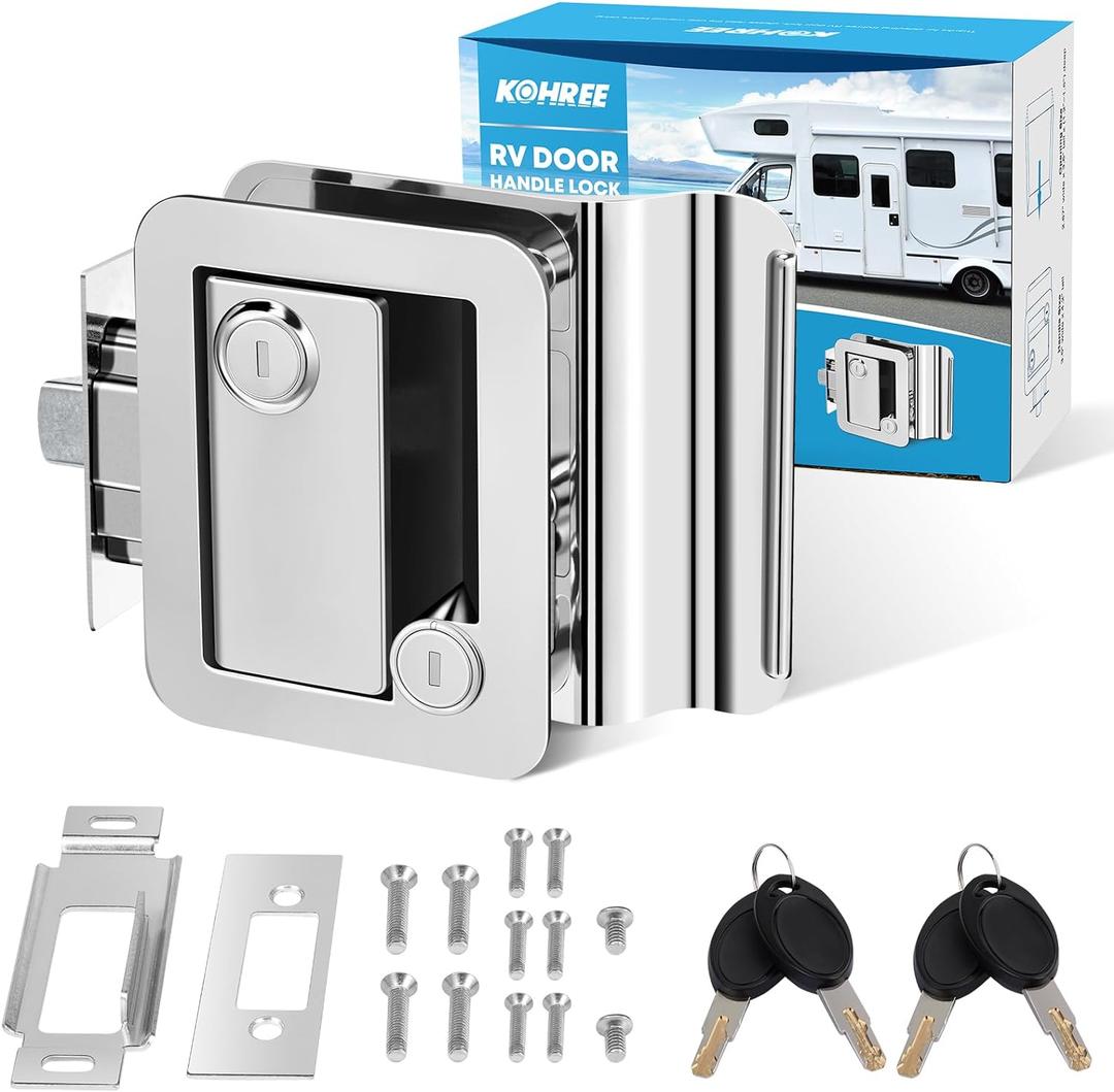 Kohree RV Trailer Camper Door Lock Handle, RV Door Locks Replacement with Deadbolt, 100% Zinc Alloy Door Handle RV Entry Door Lock for Camper, Travel, Horse Trailer, Cargo Hauler, RV Door Lock Chrome