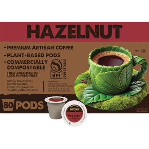 Ekocups Hazelnut Coffee Pods Medium Roast, Compostable, Plant-Based & Freshness-Sealed French Press-Quality Brew K-Cup Brewer Compatible 80ct, Best Before: 02/23/2026