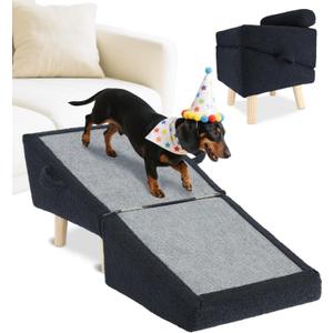 Dog Stairs for Small Dogs and Cats  2-in-1 Dog Ramp for Couch and Low Bed, 16.5'' Foldable Wooden Pet Ramp, Sturdy Multi-Use Split Ottoman Design, Dark Blue