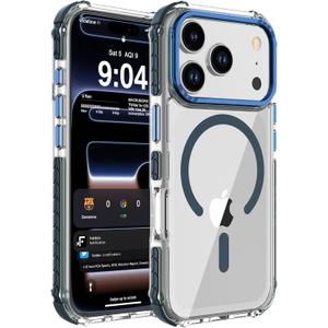 DEERLAMN Strong Magnetic Case for iPhone 17 Pro 6.3-Inch,[Compatible with Magsafe][Military Grade Drop Protection] Clear Slim Shockproof Protective Phone Cover-Transparent+Blue