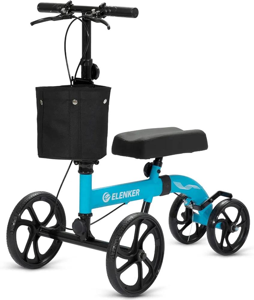 ELENKER Best Value Knee Walker with 10" Front Wheels Steerable Medical Scooter Crutch Alternative with Dual Braking System Sky Blue