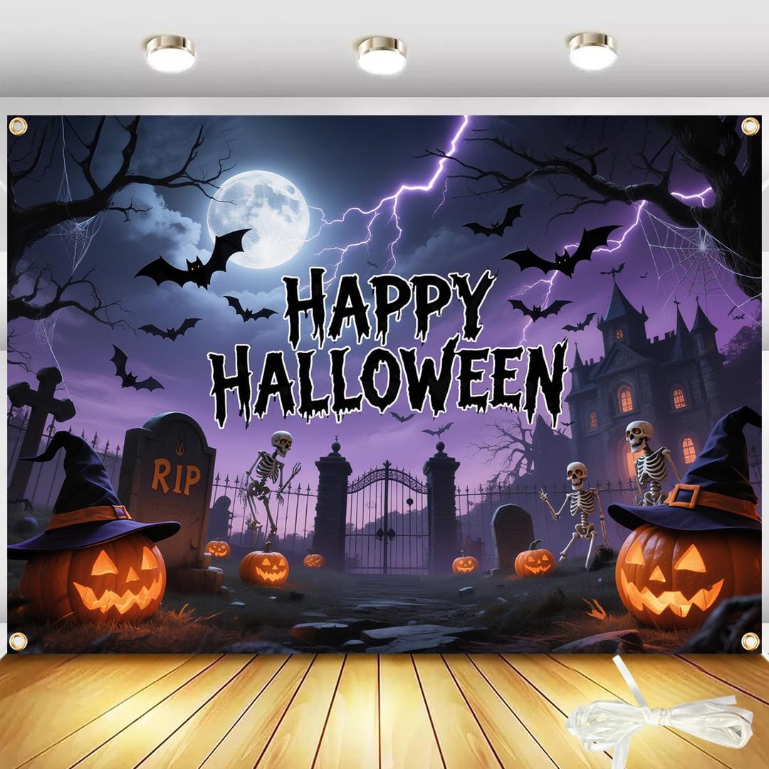 Large Happy Halloween Backdrop 82in × 60in with 19.69ft Ribbon, Purple Pumpkin Halloween Decorations for Outdoor Party Backdrop, Spooky Banner for Yard or Photo Booth