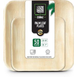 Premium Palm Leaf Disposable Plates  50pc Square Set: 25pc 10 and 25pc 7, Heavy-Duty, Microwave Safe, Natural Alternative to Plastic, Ideal for Parties, Weddings, Events, and Everyday Use