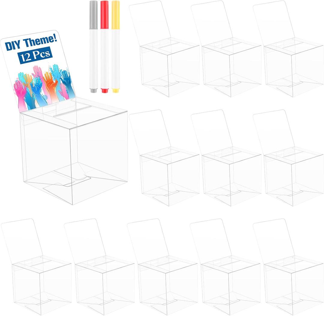 12 Pack Raffle Boxes with Slot Ballot Box, Raffle Box Suggestion Boxes Donation for Fundraising Collecting Card Tickets and Voting Contest with Erasable Color Pens (Clear)