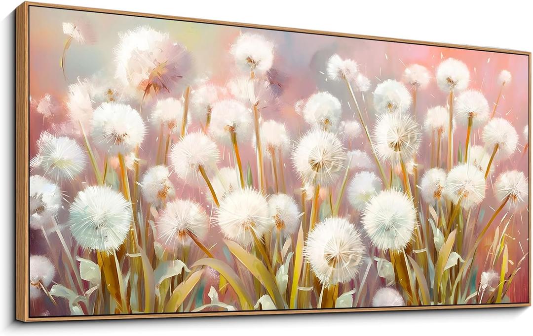 KLAKLA Canvas Wall Art - Pink Dandelion Picture Framed Artwork for wall Living Room Red and Pink Bedroom Decor Scene Fantasy Theme (24x48, Pink Dandelion)