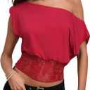 CSDAJIO Women's Summer Cap Sleeve Off The Shoulder Lace Top Asymmetrical Dolman Tee Boat Neck T Shirt (Red, M)