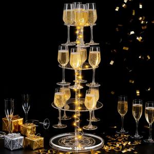 LemonRoad Roating 3-Tier Acrylic Champagne Tower with String Lights(Not Include Champagne Glass), 12-Slot Glass Holder Cocktail Tree Stand Wine Rack Roating for Parties, Weddings, Celebrations