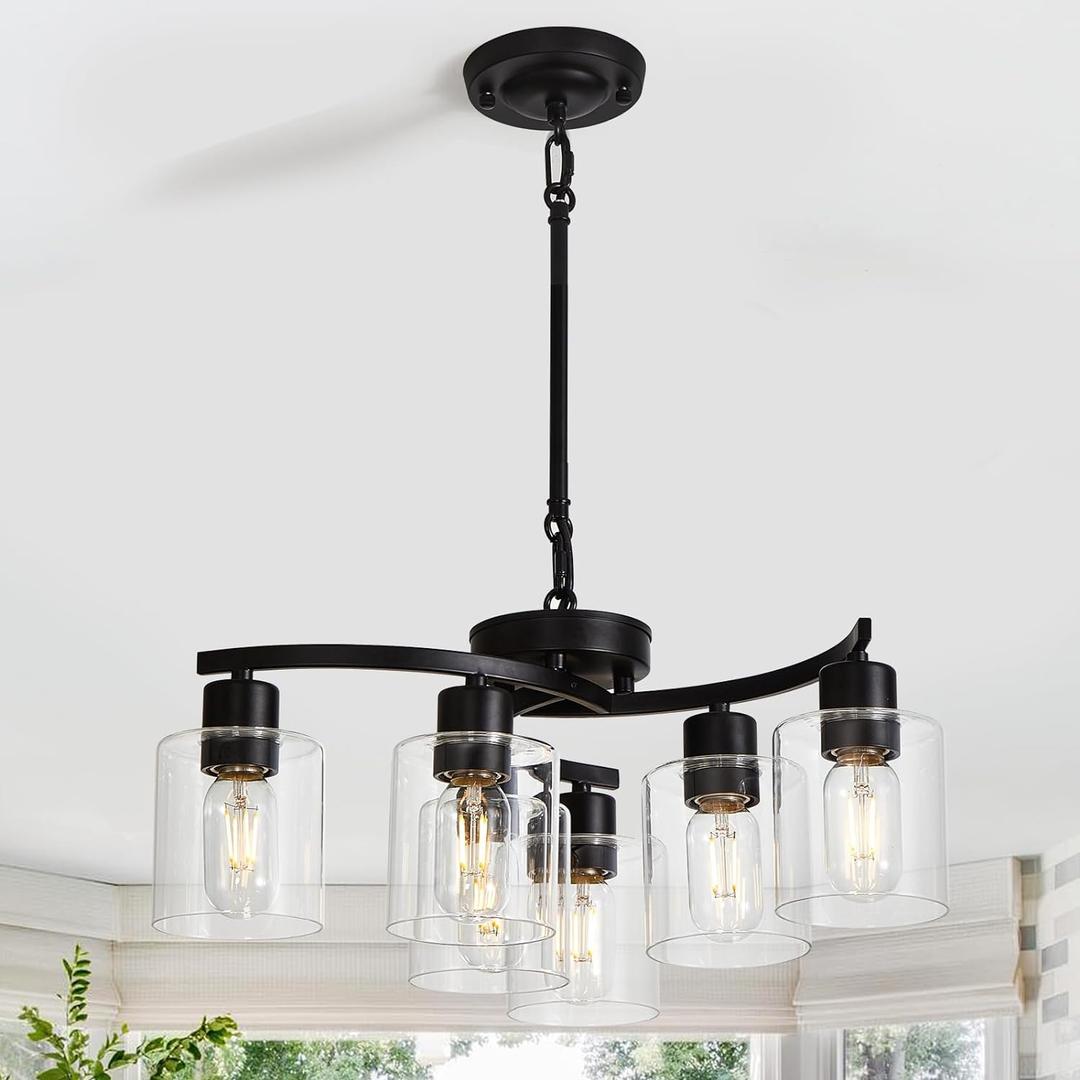 Black Chandelier, 6 Light Dining Room Light Fixture, Modern Farmhouse Chandeliers for Dining Room Adjustable Height, Hanging Light Fixtures Ceiling for Entryway Foyer Kitchen Island Bedroom