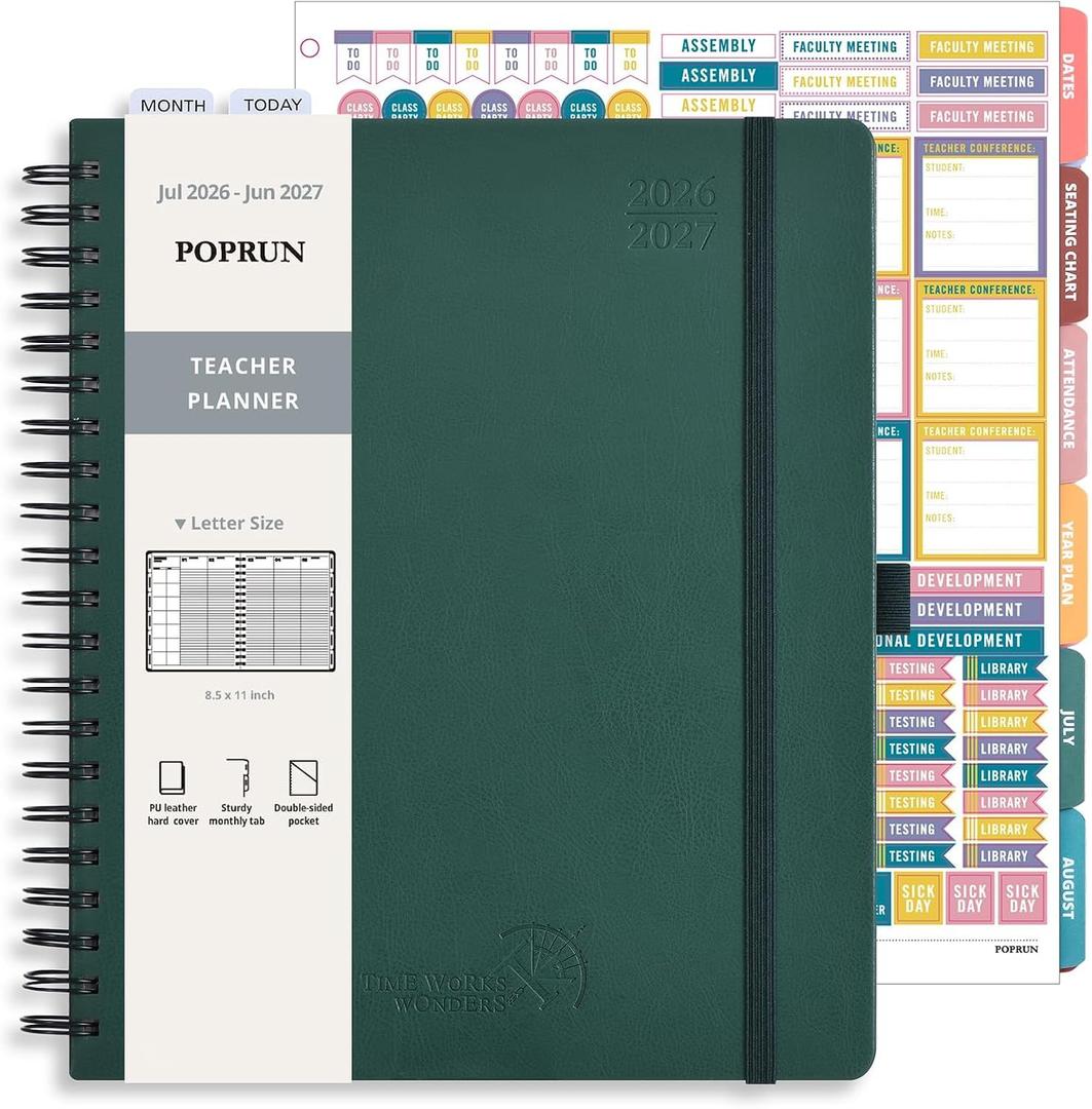 POPRUN Teacher Lesson Planner 2026-2027, (Letter Size - 8.5'' x 11'') Academic Planner July 2026 - June 2027 with Gradebook & Color Monthly Tabs, Thick Paper, 2-Sided Pocket, Leather Cover, Evergreen