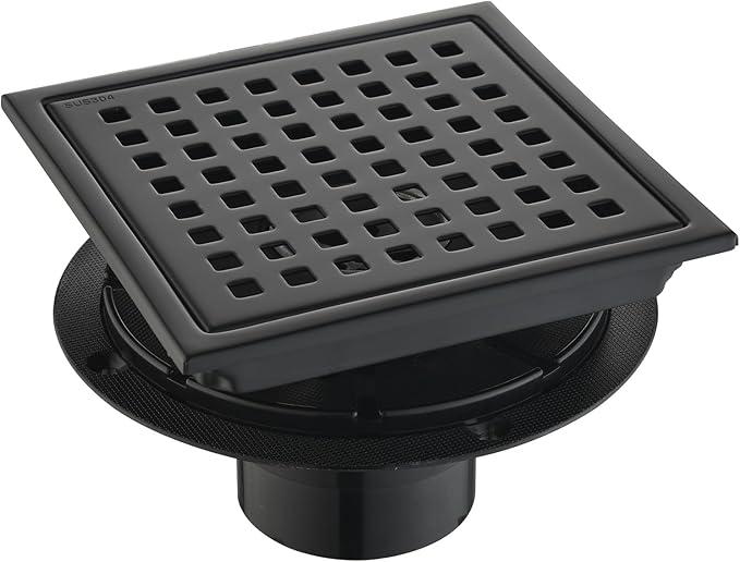6 Inch Square Shower Drain with Flange,Matte Black，Quadrato Pattern Grate Removable,Food-Grade SUS 304 Stainless Steel，with Hair Strainer