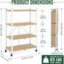 4-Tier Foldable Shelf with Wheels, Wood-Grain Steel Shelves