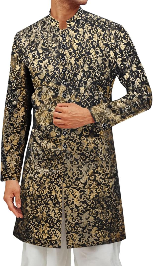 Runcati Mens Kurta Sherwani Coats Kaftan Indian Ethnic Royal Suits Mandarin Collar Wedding Festive Party Blazer  XL/XXL