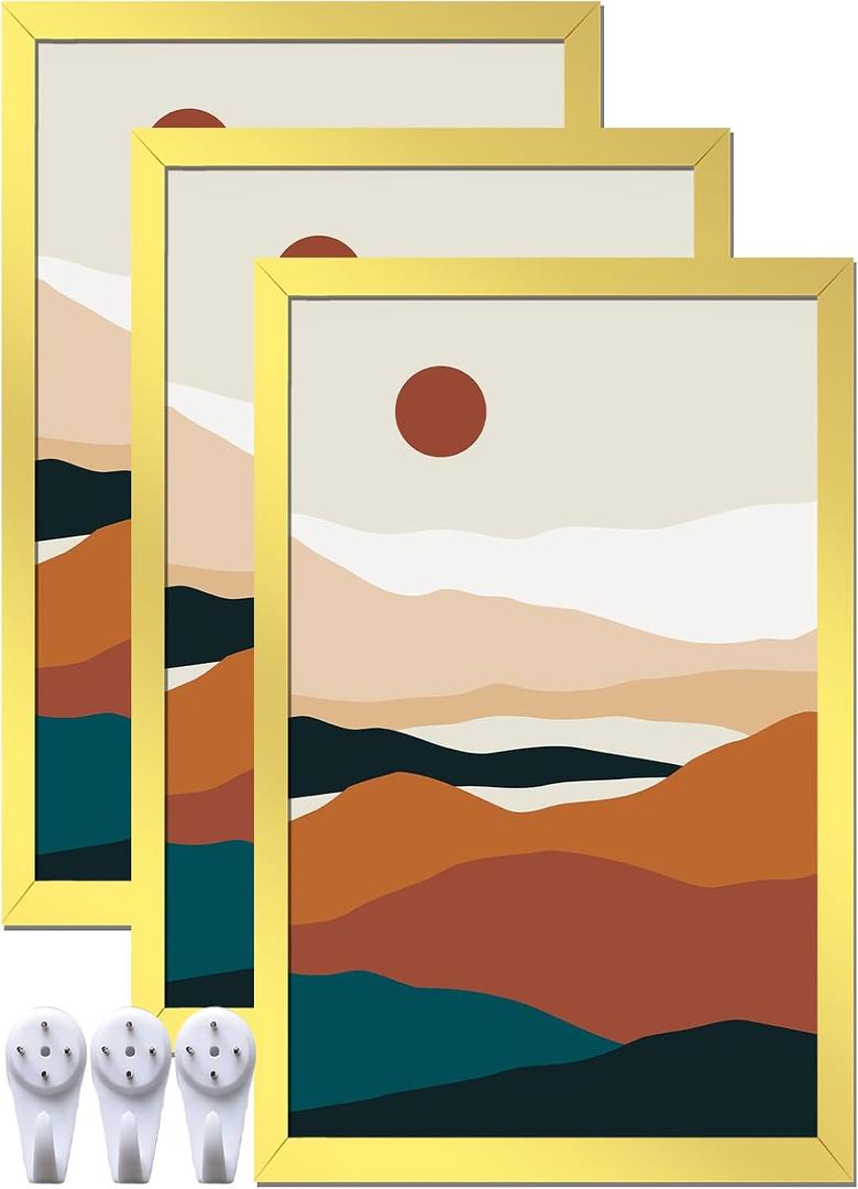 Gold 14x22 Picture Frame Set of 3, High Transparent Frame for 14 By 22 Photo Collage Canvas Poster Size Wall Mount and Tabletop Horizontally Vertically (Gold, 14 x 22 inches)