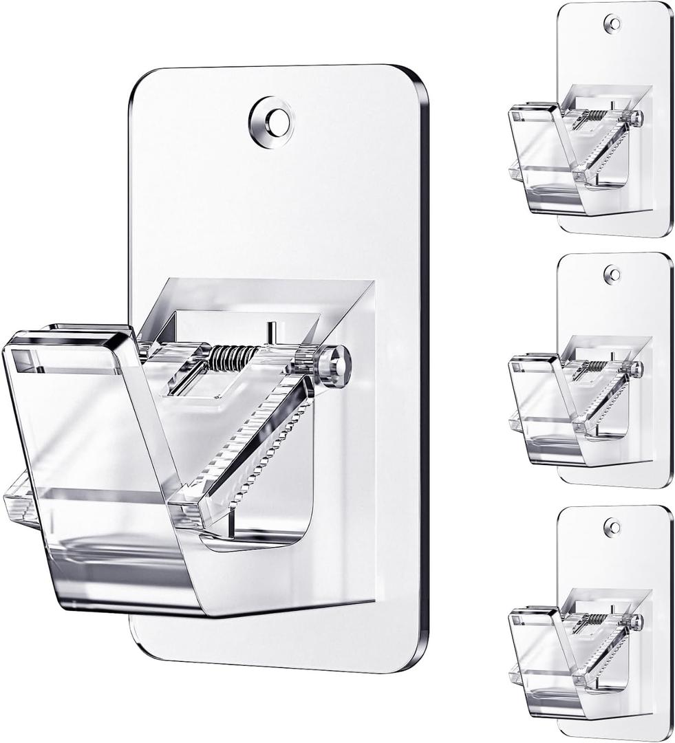 Adhesive No Drill Curtain Rod Brackets - Heavy Duty 30LB Holders for Bathroom Bedroom Kitchen, Universal Damage-Free Window Rod Hooks with Nail-Free Installation (4PC Transparent)