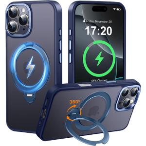 360 Spin Magnetic Stander for iPhone 16 pro max Case [Compatible with Magnetic] [Built-in Kickstand] Mil-Grade Protective, Matte Non-Slip for iPhone 16 pro max Phone Case(Dark Blue)
