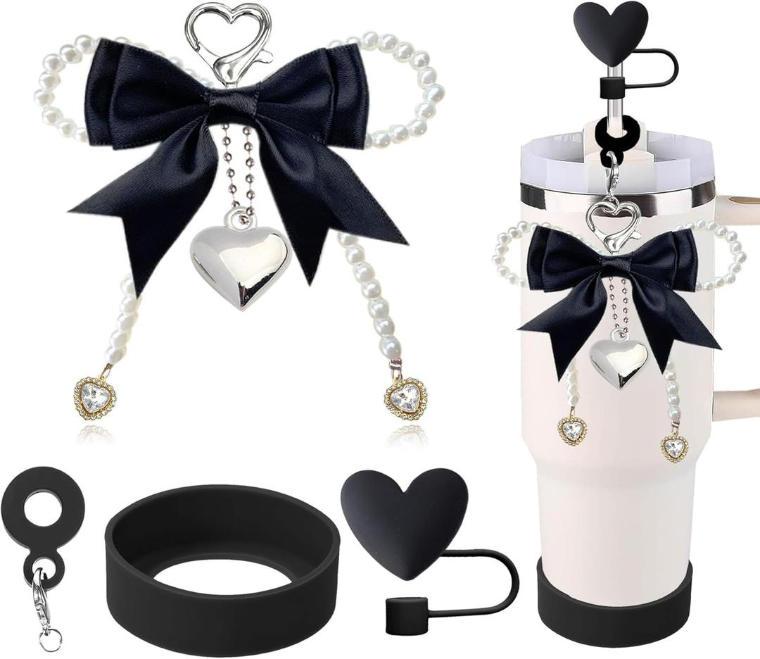 Black Bow Accessories for Stanley Cup 40&30oz Tumbler with Handle,Including Love Straw Topper, Boot, Bow Pendant for Stanley Cups(Black)